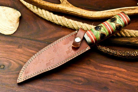 12" Damascus Bowie Knife – Camel Bone Handle & Leather Sheath
