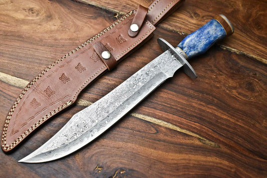 Heritage Forge 17" Damascus Steel Bowie Hunting Knife with Camel Bone Handle