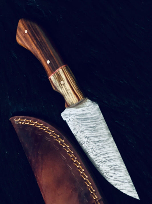 8" Camel Bone & Wood Handle Damascus Skinner Knife – Handmade Hunting Blade