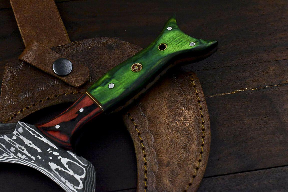 Handmade Damascus Steel Hunting Axe Knife Hard Wood Handle Clever Chopper with Leather Sheath