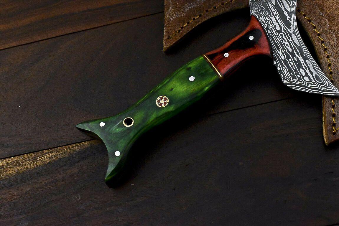 Handmade Damascus Steel Hunting Axe Knife Hard Wood Handle Clever Chopper with Leather Sheath