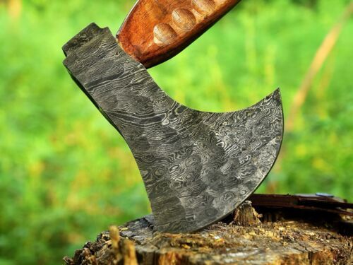 Handmade Forged Damascus Steel Viking Bearded Camping Hatchet Tomahawk Axe | Natural Wood Handle & Leather Sheath