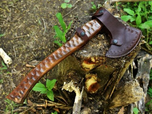 Handmade Forged Damascus Steel Viking Bearded Camping Hatchet Tomahawk Axe | Natural Wood Handle & Leather Sheath