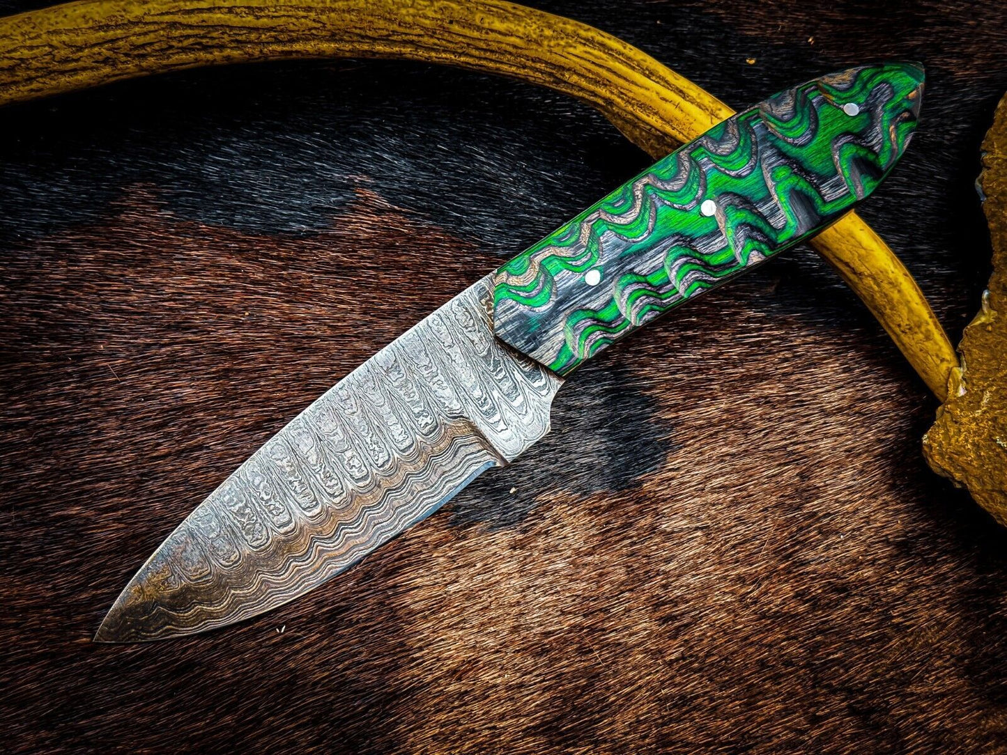 Custom Handmade Damascus Steel Skinner Knife with Wood Handle and Leather Sheath