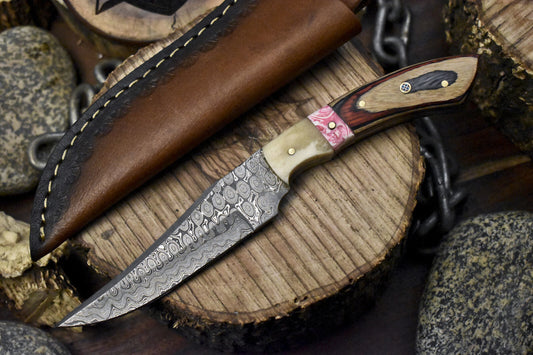 Rain Drop Damascus Skinner Knife with Mixed Handle for Hunting and Camping