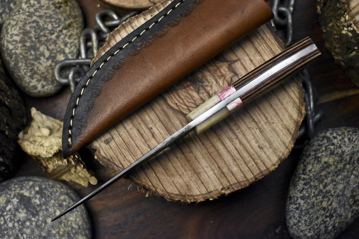 Rain Drop Damascus Skinner Knife with Mixed Handle for Hunting and Camping