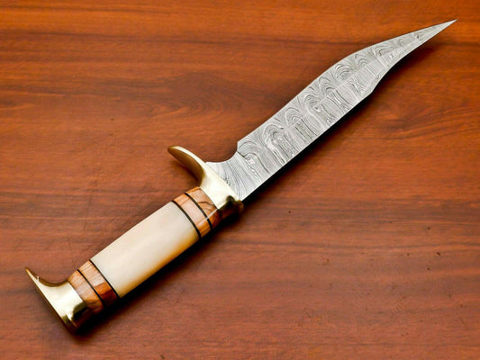 14" Large Damascus Steel Bowie Knife – Olive Wood & Camel Bone Handle with Leather Sheath