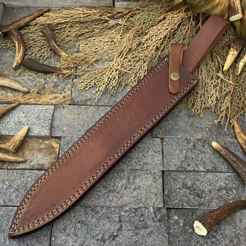 Massive 20 Inch Handmade Damascus Steel Bowie Knife with Wood Handle and Sheath