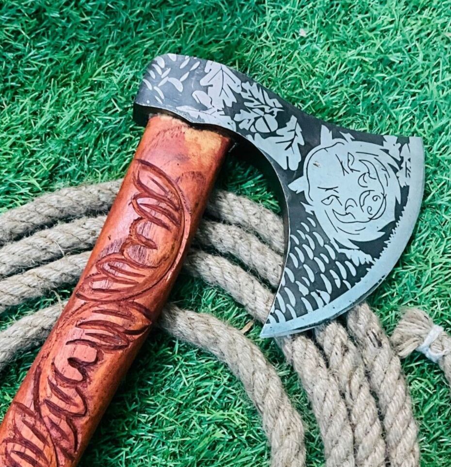 23 Inch Hand Forged Carbon Steel Viking Tomahawk with Wooden Handle and Leather Sheath
