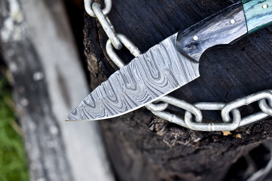 Twist Damascus Skinner Knife – Hardwood Handle with Wooden Bolster & Leather Sheath