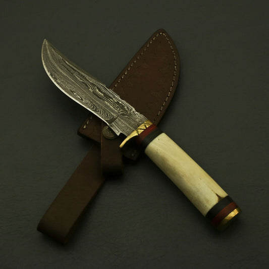 Handmade Damascus Steel Hunting Tracker Knife – 10" Fixed Blade with Stag Antler & Pakka Wood Handle + Leather Sheath