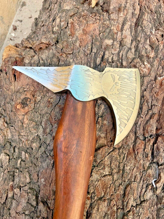 Custom Forged Replica Viking Axe with Etched Carbon Steel Head and Wooden Handle for Camping and Bushcraft
