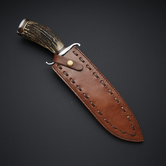 Heritage Forge Damascus Steel Bowie Knife with Stag Handle Full Tang Hunting Knife
