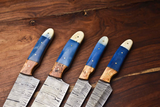 Custom Lot of 4 Handmade Hammered Damascus Steel Chef Knives Set – 384 Layers, Professional Kitchen Blades