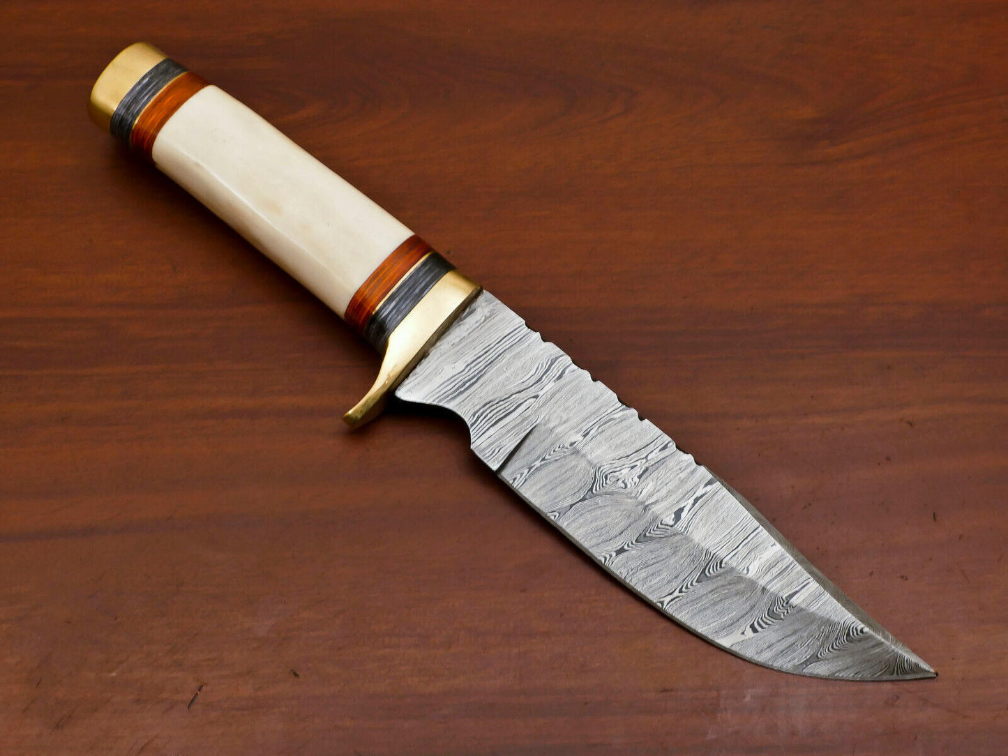 Heritage Forge Custom Damascus Steel Bowie Knife with Camel Bone and Pakka Wood Handle for Hunting and Camping