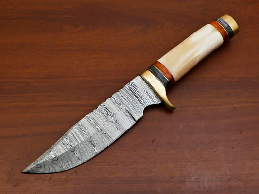 Heritage Forge Custom Damascus Steel Bowie Knife with Camel Bone and Pakka Wood Handle for Hunting and Camping