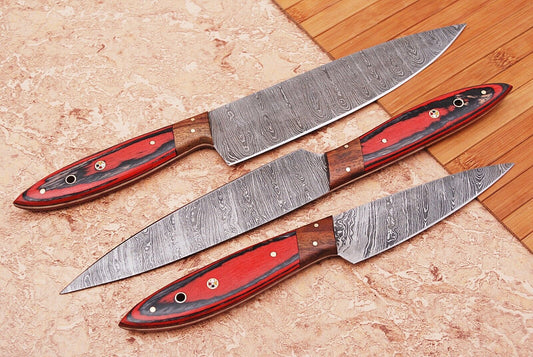 Handmade Damascus Steel Chef Knife Set | Full Tang Blades with Leather Case