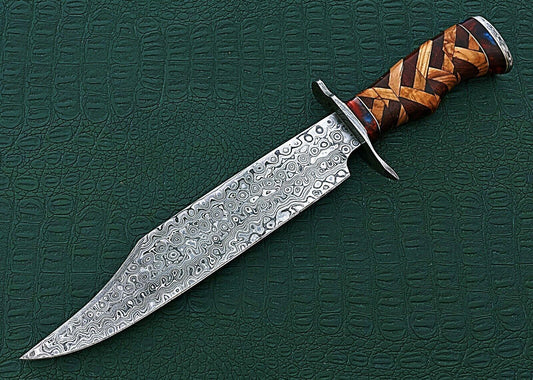 15" Damascus Bowie Knife – Bone Handle with Rain Drop Pattern