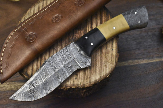 Custom Twist Damascus Skinner Knife with Corian Handle and Wooden Bolster
