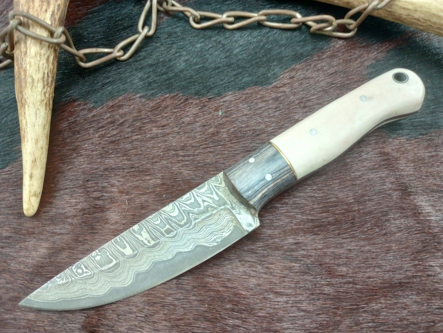 Handmade Damascus Steel Hunting Knife Chef Knife Bone Handle with Sheath