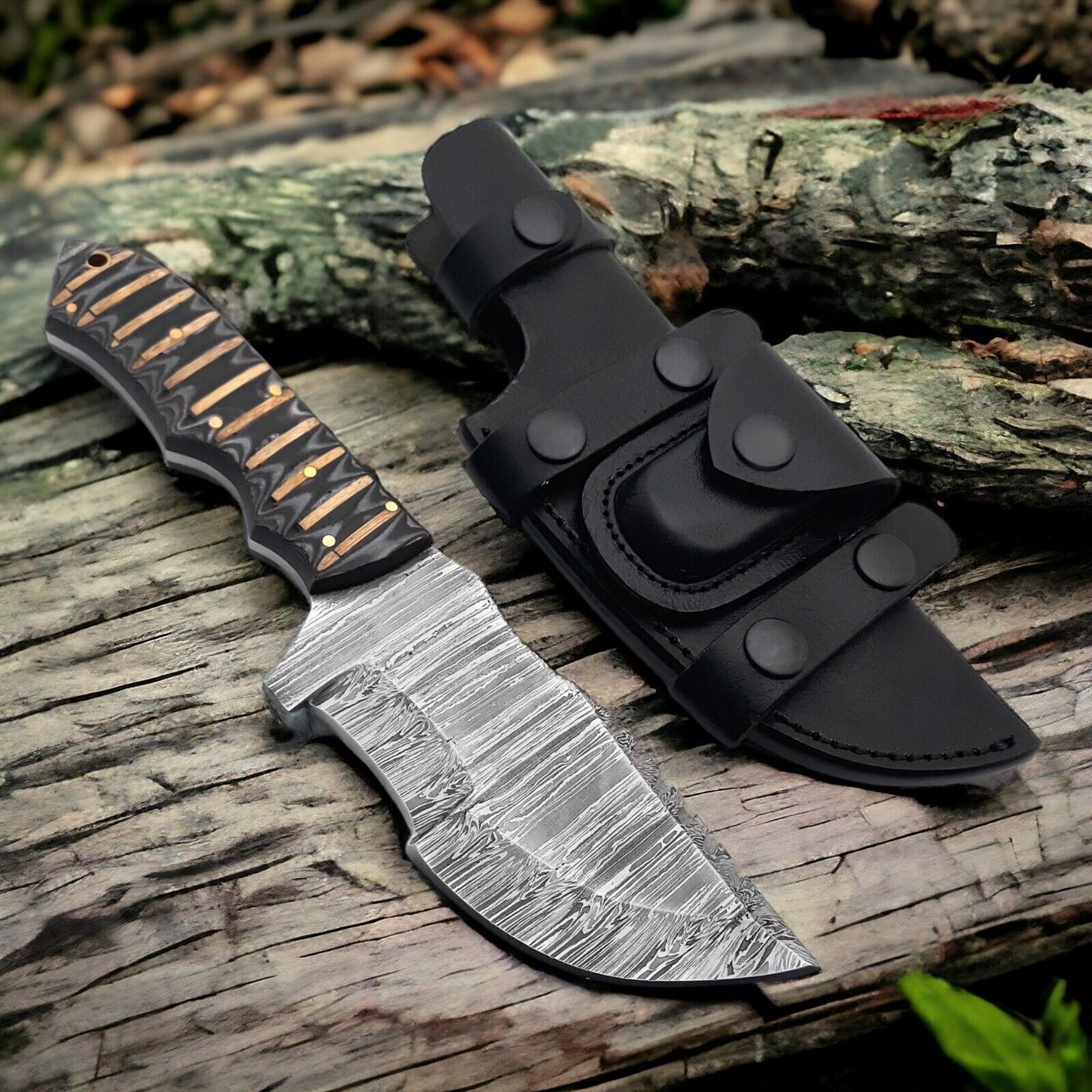 Brown Damascus Steel Tracker Knife – 10" Hunting Outdoor Fixed Blade with Micarta Handle