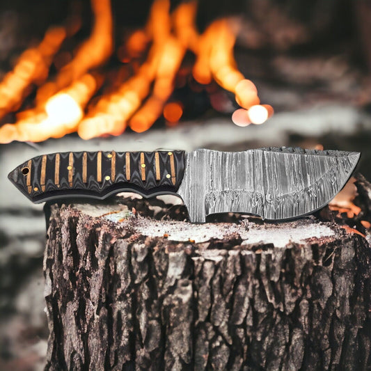 Brown Damascus Steel Tracker Knife – 10" Hunting Outdoor Fixed Blade with Micarta Handle