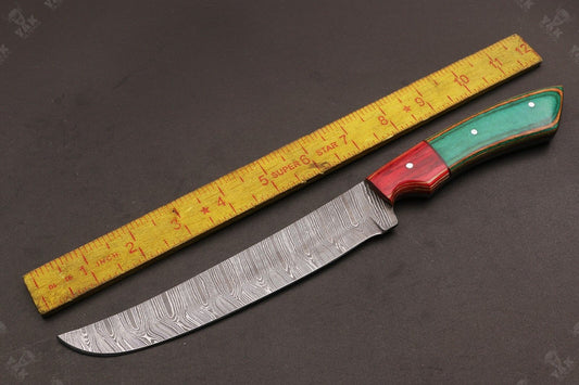 12" Custom Hand Forged Twist Damascus Fillet Knife Best Fillet Knife With Leather Sheath