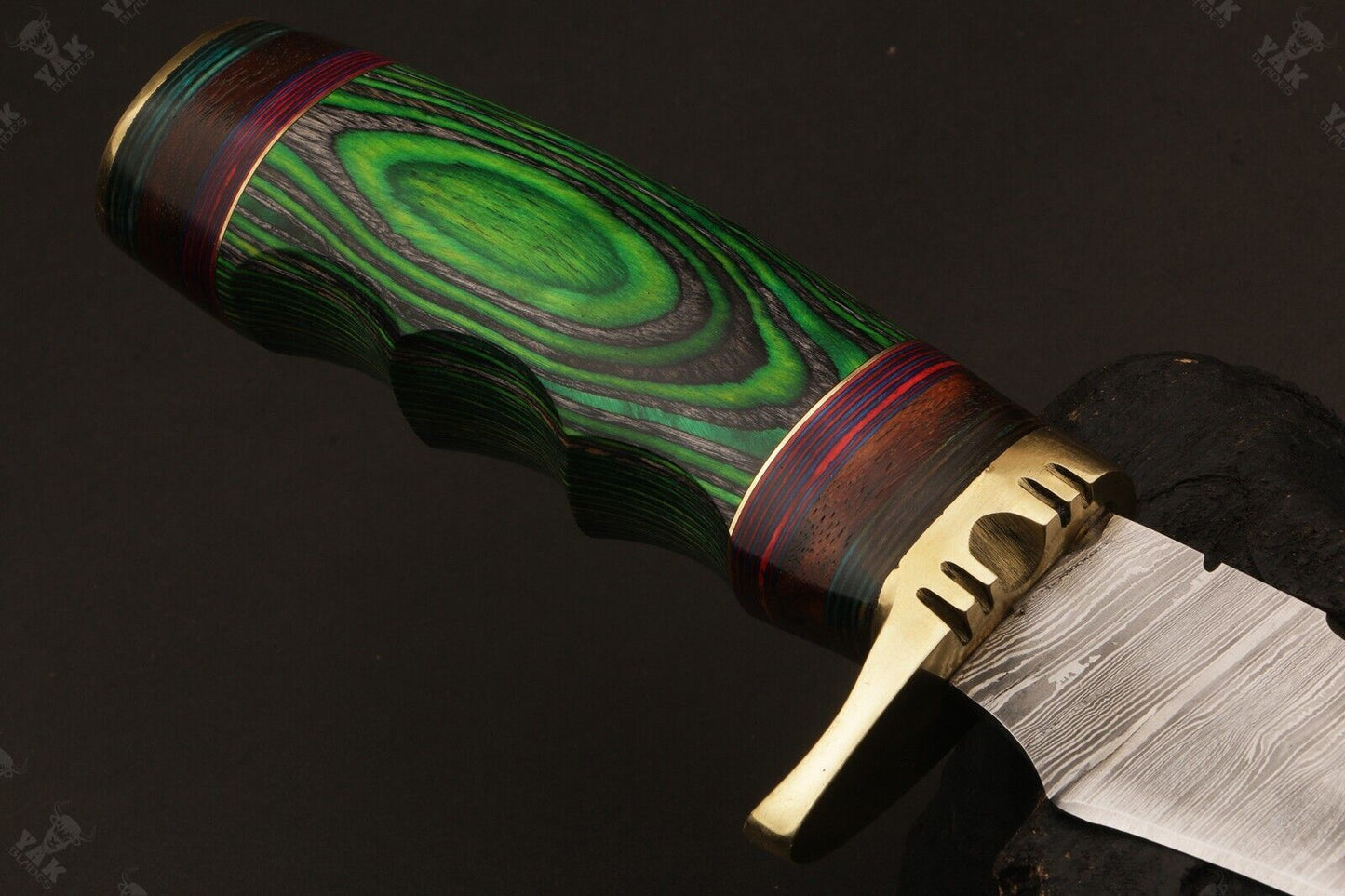 Heritage Forge 15 Inch Damascus Knife with Stained Camel Bone and Wood Handle for Hunting and Camping
