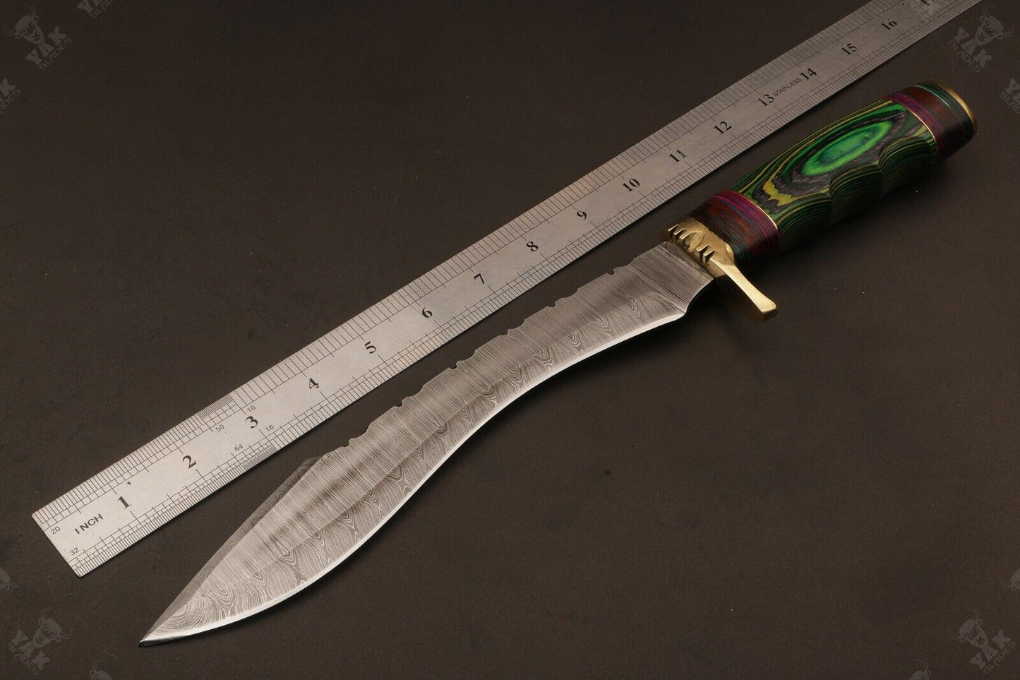 Heritage Forge 15 Inch Damascus Knife with Stained Camel Bone and Wood Handle for Hunting and Camping