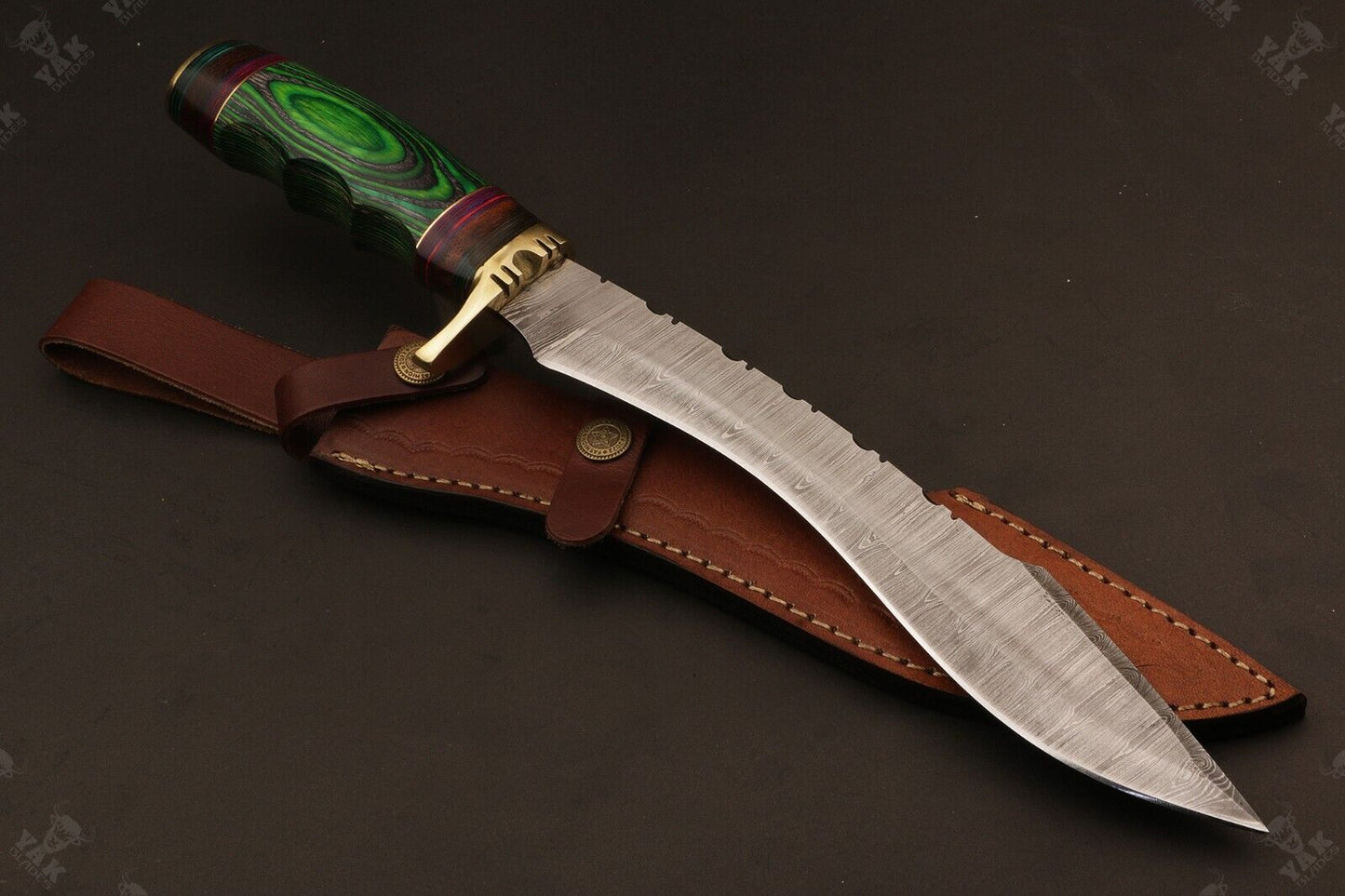 Heritage Forge 15 Inch Damascus Knife with Stained Camel Bone and Wood Handle for Hunting and Camping