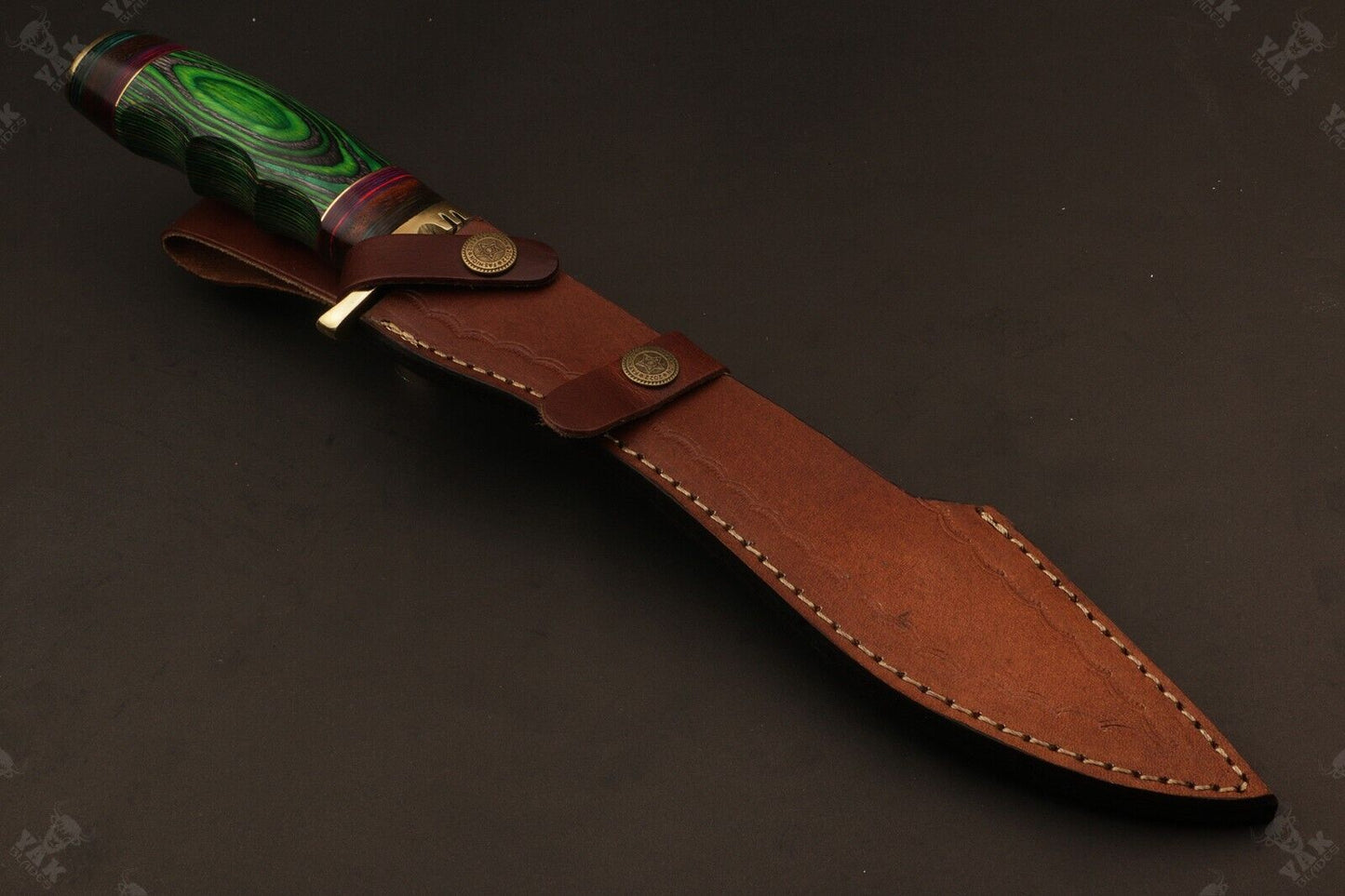 Heritage Forge 15 Inch Damascus Knife with Stained Camel Bone and Wood Handle for Hunting and Camping