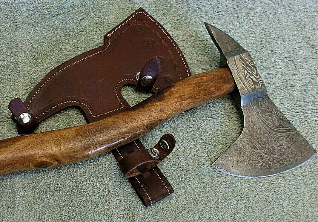 Handmade Forged Damascus Steel Tomahawk Axe with Wood Handle and Leather Belt Sheath