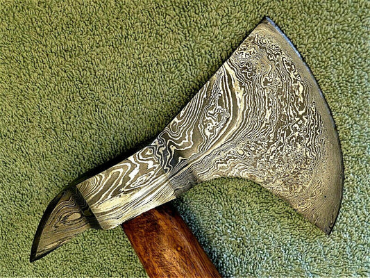Handmade Forged Damascus Steel Tomahawk Axe with Wood Handle and Leather Belt Sheath