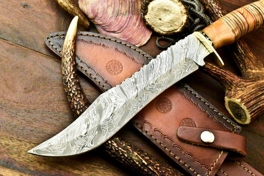 Handmade Damascus Bowie Knife | 14" Stacked Leather Handle Hunting Blade
