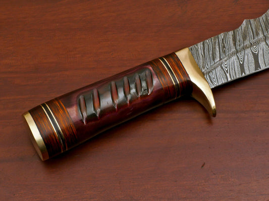 12" Damascus Steel Bowie Knife – Brass Guard, Camel Bone & Pakka Wood