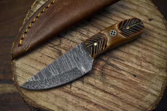5.0 Inch Bone Handle Skinner Knife Twist Damascus Compact Hunting Blade