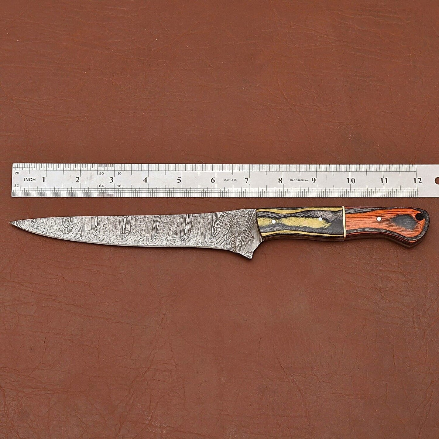Damascus Steel Fillet Chef Knife with Pakka Wood Handle & Leather Sheath