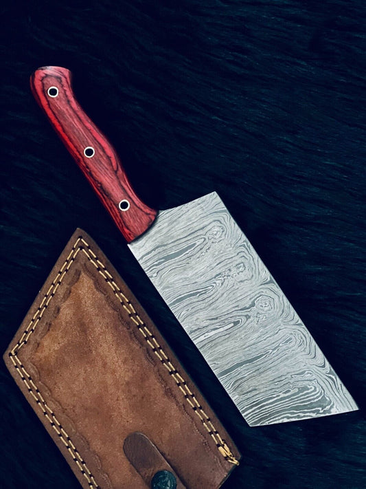 11" Custom Handmade Twist Damascus Cleaver Hunting Knife – Camel Bone & Wood Handle