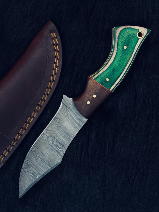 Heritage Forge 9 Inch Twist Damascus Steel Skinner Knife with camel bone Wood Handle