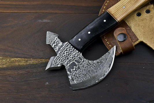 Rare Handmade Damascus Steel Olive Wood Hunting Clever Chopper Axe Knife with Leather Sheath