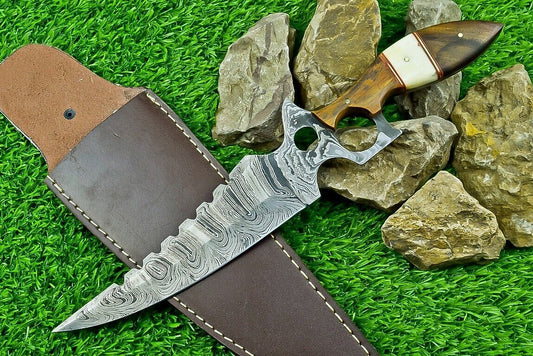Heritage Forge 13 Inch Damascus Steel Bowie Hunting Knife with Camel Bone and Wood Handle