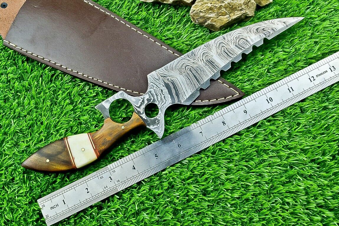 Heritage Forge 13 Inch Damascus Steel Bowie Hunting Knife with Camel Bone and Wood Handle
