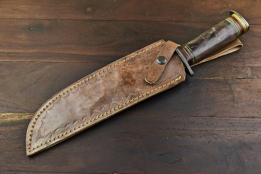 14.5" Damascus Steel Bowie Knife with Camel Bone Handle – Handmade Fixed Blade Hunting Knife