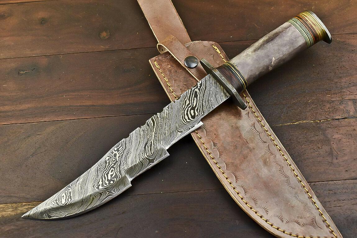 14.5" Damascus Steel Bowie Knife with Camel Bone Handle – Handmade Fixed Blade Hunting Knife