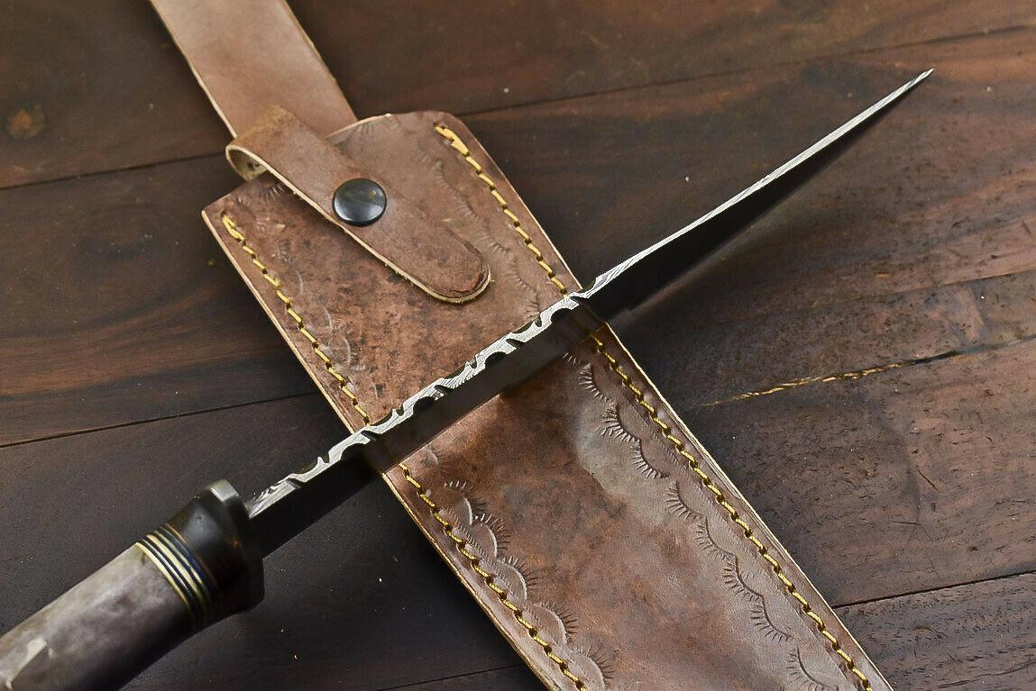 14.5" Damascus Steel Bowie Knife with Camel Bone Handle – Handmade Fixed Blade Hunting Knife