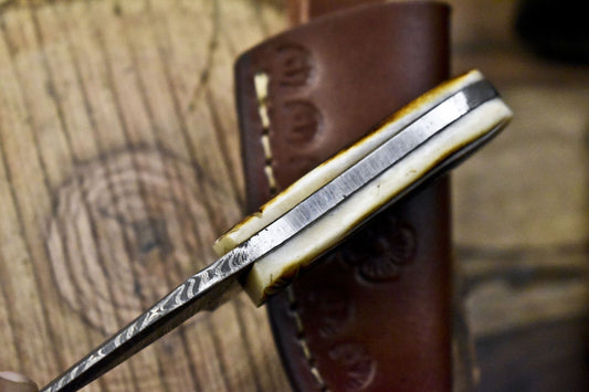 Miniature Twist Damascus Skinner Knife with Bone Handle for Fishing and Hunting