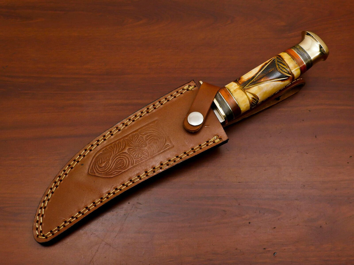 Handmade 12 Inch D2 Steel Blade Bowie Hunting Knife – Stained Engraved Bone Handle