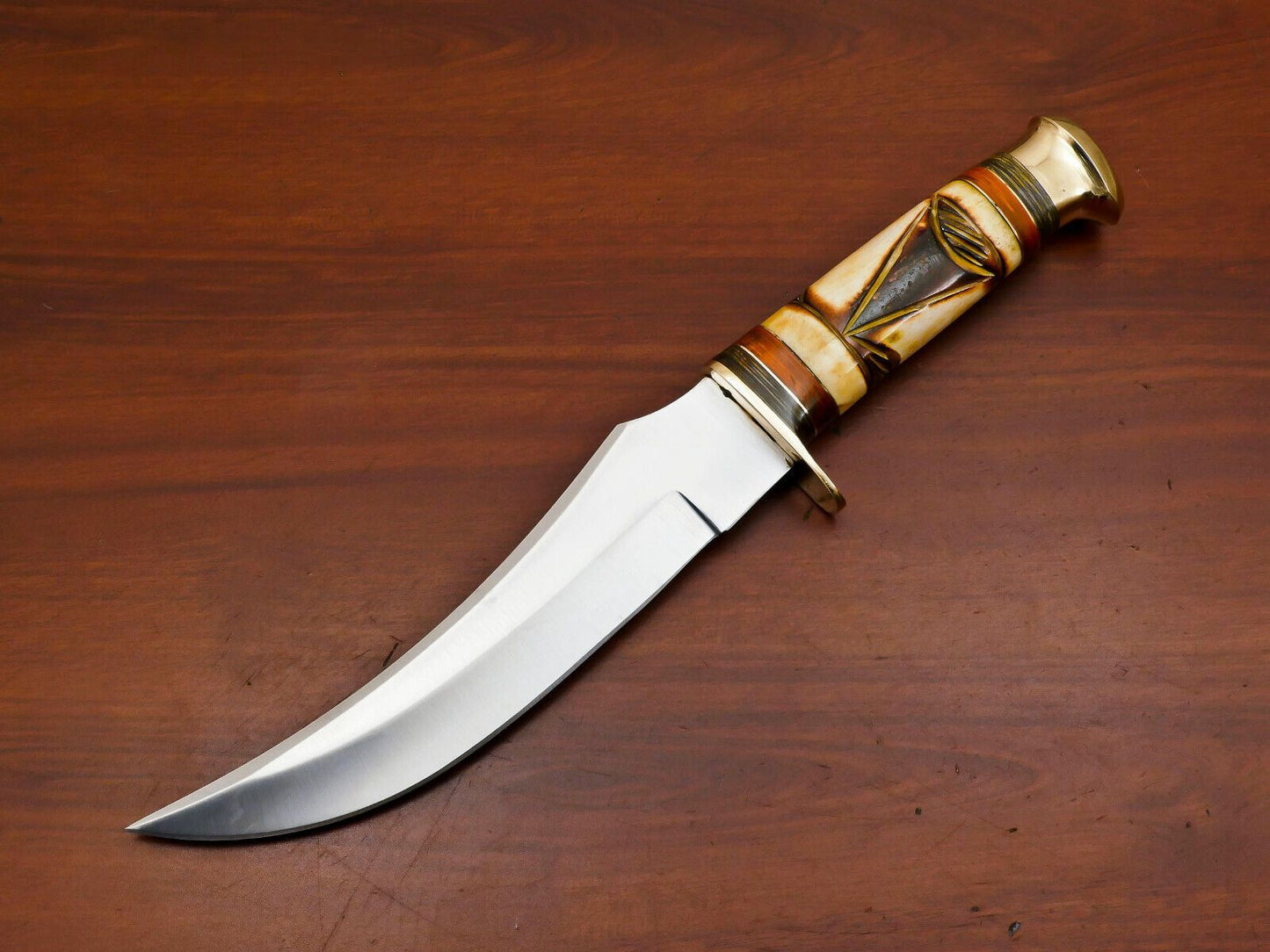 Handmade 12 Inch D2 Steel Blade Bowie Hunting Knife – Stained Engraved Bone Handle