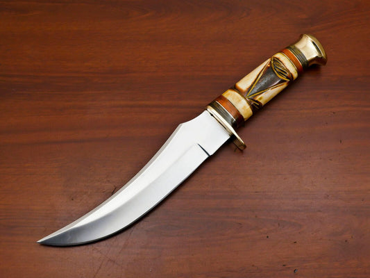 Handmade 12 Inch D2 Steel Blade Bowie Hunting Knife – Stained Engraved Bone Handle