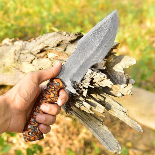 Handmade Damascus Hunting Tracker Kukri Knife – 12" Full Tang Survival Bushcraft Bowie with Leather Sheath